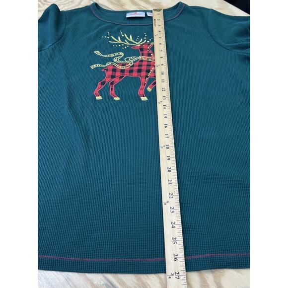 Quacker Factory Womens Thermal Waffleknit Top Size 1X Green Christmas Reindeer - Picture 10 of 11